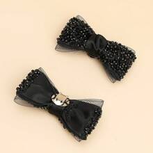 2pcs/Set High-End Handmade Beaded Black Bow Shoeclips, Luxury For Wedding, Performance, Formal Occasion, Sparkling Shoe Clips