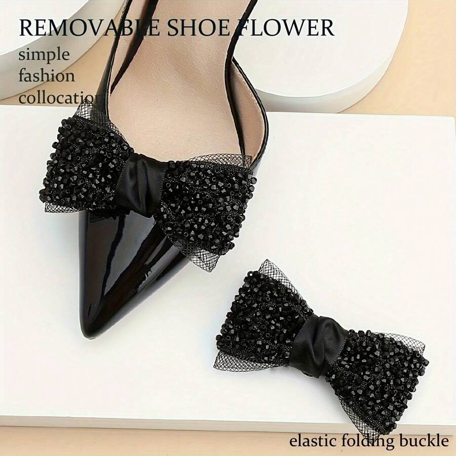 2pcs/Set High-End Handmade Beaded Black Bow Shoeclips, Luxury For Wedding, Performance, Formal Occasion, Sparkling Shoe Clips