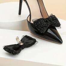 2pcs/Set High-End Handmade Beaded Black Bow Shoeclips, Luxury For Wedding, Performance, Formal Occasion, Sparkling Shoe Clips