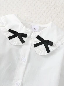 2pcs/Set Young Girl Fashion Long Sleeve Collared Bow Buttoned Cardigan Top And Skirt Outfit, Suitable For 4-7 Years Old Girls