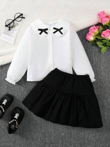 2pcs/Set Young Girl Fashion Long Sleeve Collared Bow Buttoned Cardigan Top And Skirt Outfit, Suitable For 4-7 Years Old Girls