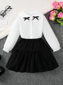 2pcs/Set Young Girl Fashion Long Sleeve Collared Bow Buttoned Cardigan Top And Skirt Outfit, Suitable For 4-7 Years Old Girls
