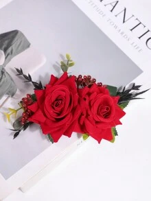 1 件装女士人造玫瑰花海滨度假发梳，适合盘发发型，优雅万圣节 - 紅色 - 查看 2