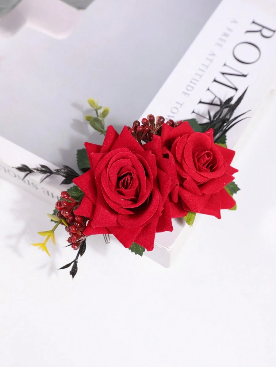 1 件装女士人造玫瑰花海滨度假发梳，适合盘发发型，优雅万圣节 - 紅色 - 查看 1