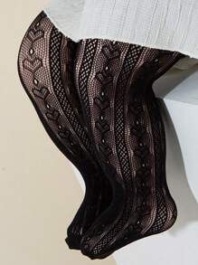 1 件装女童时尚镂空心形紧身裤，轻质防勾丝夏季打底连裤袜，透气网眼，适合日常穿着 - 黑色 - 查看 6