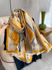 1 件女士几何图案提花仿羊绒时尚围巾/披肩，厚实保暖，适合日常使用 - 黃色 - 查看 2
