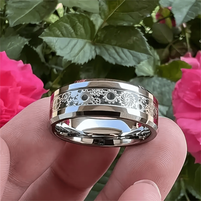 嘻哈男士不锈钢 8 毫米戒指 - 机械朋克齿轮设计，合成宝石，银色带黑色细节，男士时尚配饰，父亲节或周年纪念日的理想礼物，高品质珠宝尺寸 6-13