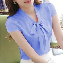 Women's Blouse With Bow Tie Short Sleeve Formal Uniform - 淺藍色 - 查看 2