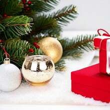 1 pieza/Set de 6 Juego de portavelas de vidrio con bolas pequeñas plateadas/doradas enchapadas - Portavelas circular plateado/dorado, adecuado para decoración navideña, centro de mesa, decoración de bodas, fiesta, banquete y decoración del hogar, decoración de habitaciones, regalos