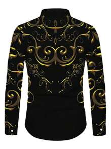 大码男式复古宫殿 3D 数码印花纽扣长袖衬衫