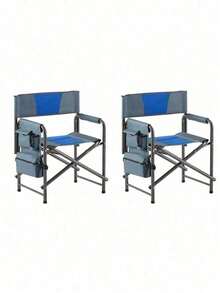 1-Piece Padded Folding Outdoor Chair With Side Table And Storage Pockets,Lightweight Oversized Directors Chair For Indoor, Outdoor Camping, Picnics And Fishing,Black/Grey - 藍色+灰色+鋼-6 - 查看 4