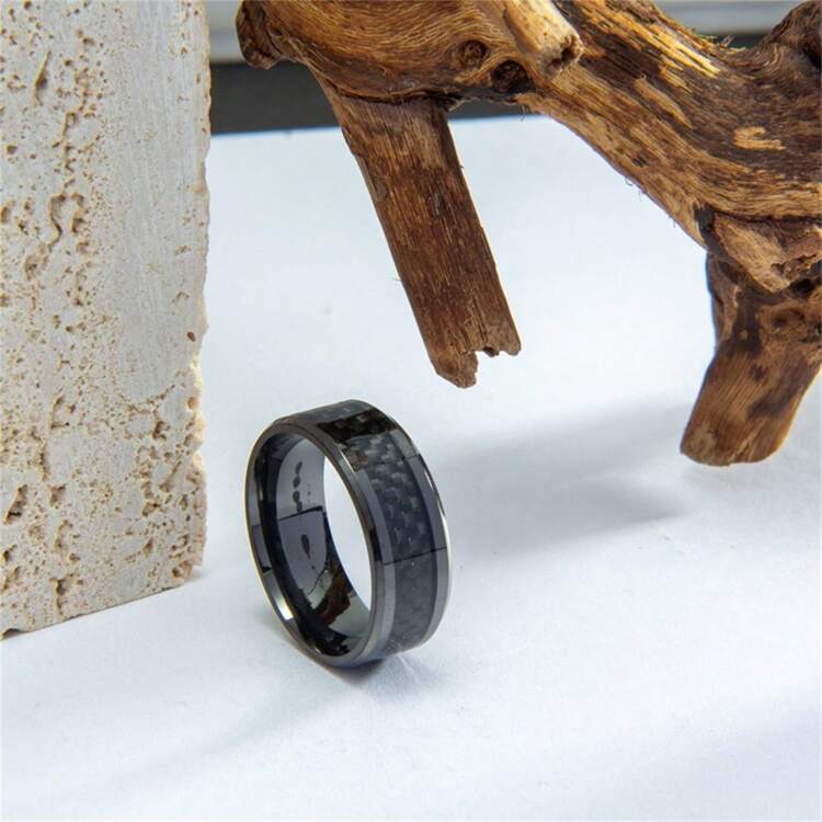 Classic Silvery 8mm Carbon Fiber Men's Ring - Sleek Black Inlay, Angled Polished Finish For Business & Wedding Parties - High-Quality Stainless Steel Jewelry, Sizes 6-13 - Ring - View 44