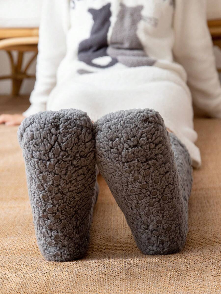 1 Pair Women's Warm Thermal Lined AntiSlip Socks, Cartoon Christmas