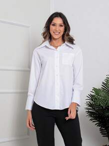Women's Shirt Long Sleeve Blouse With Front Pockets 3700-1 - trắng - Xem 1