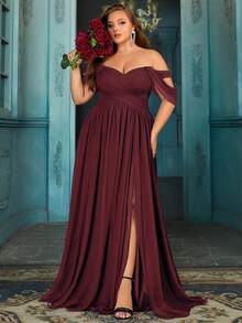 QOQ Plus Size Bridesmaid Dress, Summer High-End Women's Formal Dress, Romantic Wedding, Formal Event, Wedding Guest Solid Color Chiffon Maxi Dress - Burgundy - View 4