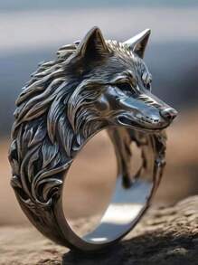 Anel vintage com cabeça de lobo, anel de dedo aberto personalizado com estampa de animal exagerado e feroz, estilo hip-hop | Anel vintage com gesto de coração retrô | Anel dominador com combinação de mão e caveira retrô