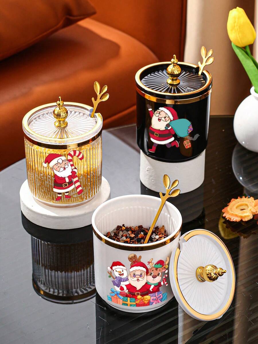 1pc Christmas Plastic Kitchen Spice Jar Seasoning Container With Spoon, Home Storage - Multicolor - View 1