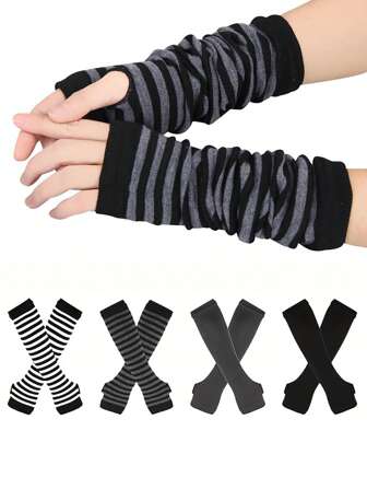 1 par de guantes sin dedos de punto a rayas punk, guantes elásticos y cálidos de longitud media, decoración de hip hop, adecuado para niños y niñas