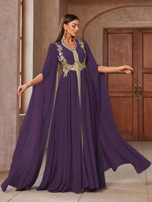 女士 V 领贴花斗篷优雅阿拉伯风格连衣裙，朴素的卡夫坦