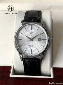Pablo Raez 1pc Men's Business Watch, Stainless Steel Silver IPS Case, Luxury Black Soft Comfortable Ultra-Fine Fiber PU Leather Strap, Fashion Metal-Look Dial Design, Date Display, 50M Water Resistant, Brand New Men's Quartz Watch, Sports Casual Clock, Suitable For Friends Or Family Father Gift, Perfect For Daily Life/Work/Party Decoration, Exquisite Fashion Watch - Black and White - View 2
