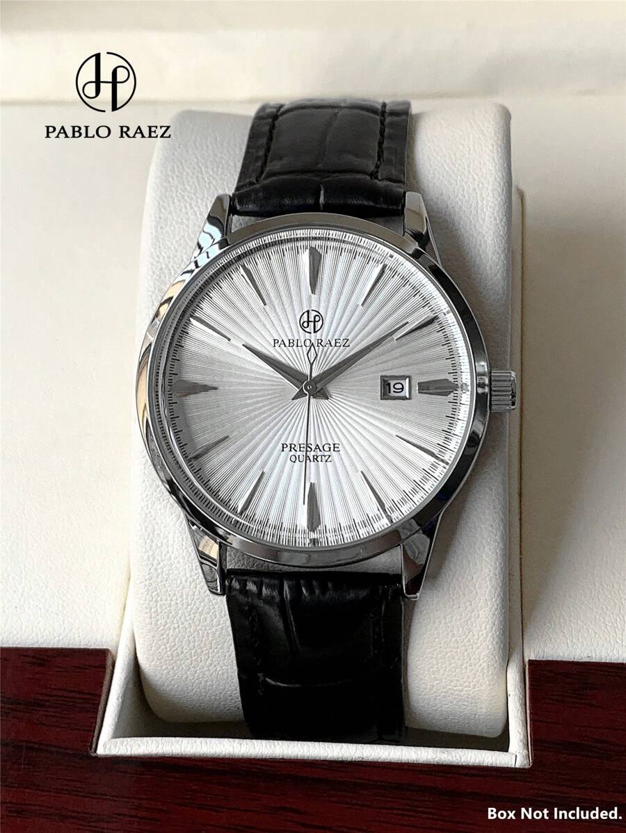 Pablo Raez 1pc Men's Business Watch, Stainless Steel Silver IPS Case, Luxury Black Soft Comfortable Ultra-Fine Fiber PU Leather Strap, Fashion Metal-Look Dial Design, Date Display, 50M Water Resistant, Brand New Men's Quartz Watch, Sports Casual Clock, Suitable For Friends Or Family Father Gift, Perfect For Daily Life/Work/Party Decoration, Exquisite Fashion Watch