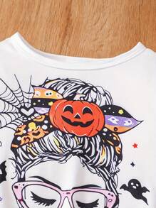 2 件套女孩万圣节主题服装，包括蜘蛛、蝙蝠、南瓜图案长袖上衣和松紧腰南瓜、蝙蝠、星星印花裤，适合女孩的时尚街头装扮，适合春秋季节