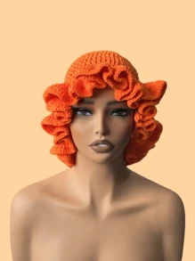 1 件女士手工钩编荷叶边针织贝雷帽，成人软边钟形帽，轻质镂空蕾丝无檐小便帽，有弹性，Y2K 风格，适合日常穿着、摄影、聚会、野餐、户外活动，保暖、防风、保暖耳朵、圣诞节