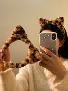 1/2pcs Plush Leopard Print Headband, Headwrap, Hair Hoop, Cat Ear Headband For Party Wear, Women Hair Accessories - Multicolor - View 4