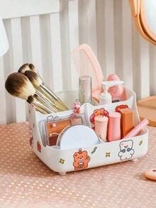 1pc Multi-Grid Cosmetic Storage Box, Plastic Cosmetic Box, Desktop Makeup Organizer, Vanity Accessories - Random Stickers Included - Multicolor - View 2
