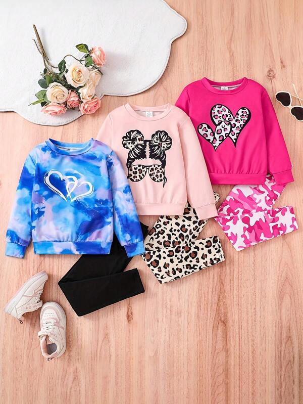 3 Stücke/Set Lässig outfits für Kleine Mädchen, 1 Stück Langarm-Top mit Herz-Aufdruck und Hose mit elastischem Bund, 1 Stück Sonnenbrille & Portrait-Muster Top und Leoparden-Hose, 1 Stück blau meliertes Herz-Top und einfarbige gerade Hose, bequem & vielseitig, geeignet für Grundschüler, Frühjahr & Herbst