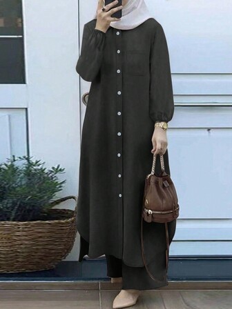 2 件套：圆领优雅纯色开衫长袍和宽腰裤，适合休闲装、生日、花园派对、婚礼、工作、春/夏/秋季