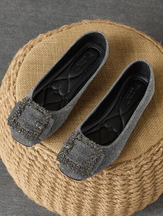WHDXY Women's Grey Flat Shoes With Metal Buckle, Versatile Loafers For Party Season, Glitter Pointed Toe Slip-On Shoes Suitable For Casual Wear With Jeans And Mini Skirts