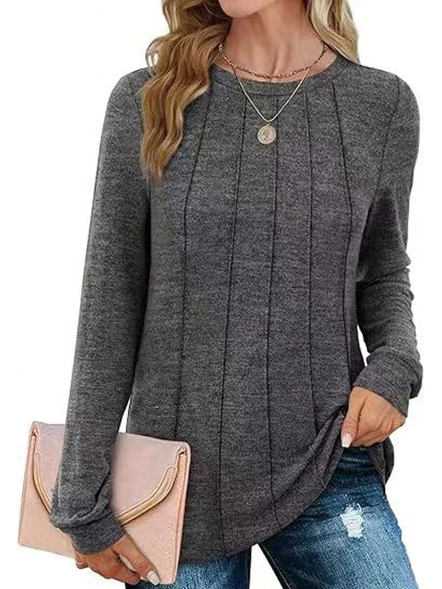 T-shirt ample en tricot unicolore plissé à col ras-du-cou et manches longues, croisée, pour femmes - Gris foncé - Voir 1