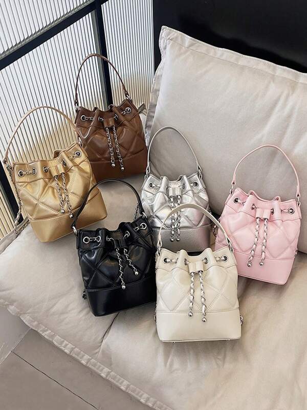 Neue Damen Tasche mit Diamant Karomuster, Damen Eimer Tasche, modische, lässige Ketten Damen Umhängetasche, Kordelzug verschluss Damen Handtasche, Damen Aufbewahrungstasche, Mundrot, Boho Vibes