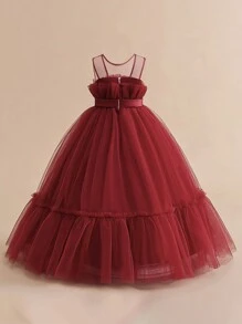 Váy công chúa dài bằng vải tuyn màu trơn thắt nơ eo cho bé gái tuổi teen, thanh lịch & dành cho tiệc tùng, vũ hội, đám cưới, không có băng đô - Màu Đỏ Sâu - Xem 3