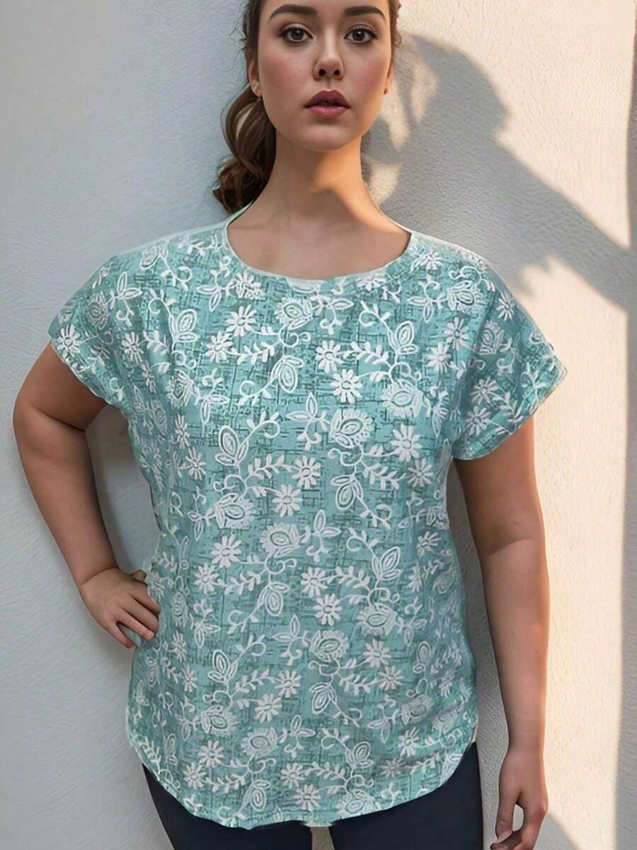Women's Short Sleeve Printed Plus Size Blouse - G1 G2 G3 G4 G5 - Real Plus Size - PRINT 40 - 彩色 - 查看 1