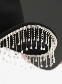 1 件男女通用纯色独特个性闪亮水钻流苏牛仔帽，波西米亚风牛仔帽，沙滩帽，巴拿马帽，太阳帽，爵士帽，牛仔帽，软毡帽，软呢帽，适合单身女士，新复古，创意礼物，宽边帽 - 黑色 - 查看 3