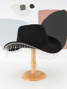 1 件男女通用纯色独特个性闪亮水钻流苏牛仔帽，波西米亚风牛仔帽，沙滩帽，巴拿马帽，太阳帽，爵士帽，牛仔帽，软毡帽，软呢帽，适合单身女士，新复古，创意礼物，宽边帽 - 黑色 - 查看 5