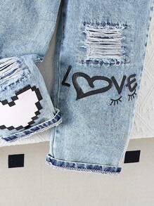 2pcs Girls' Cute Ribbed Round Neck Top & Heart Print Denim Jumpsuit Set, Spring & Autumn - Blue - View 5