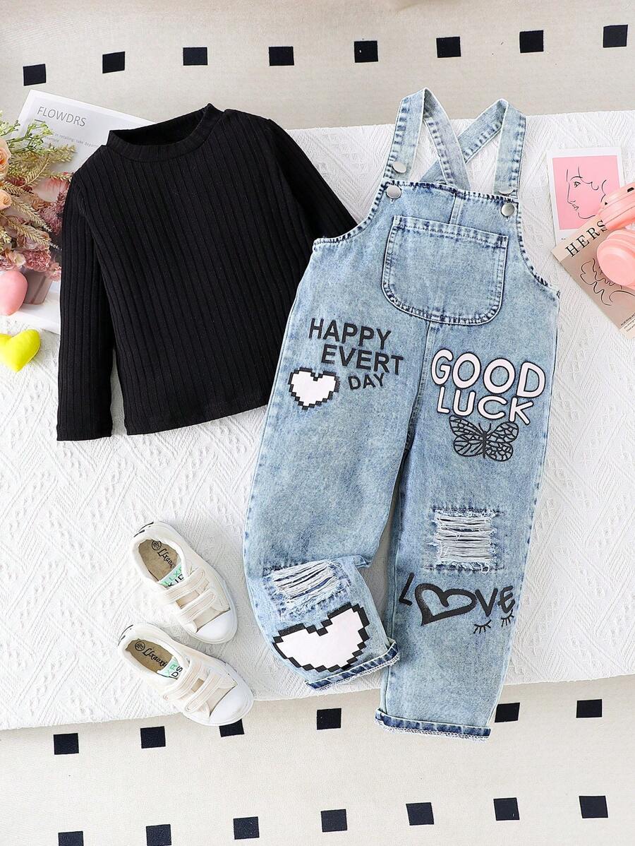 2pcs Girls' Cute Ribbed Round Neck Top & Heart Print Denim Jumpsuit Set, Spring & Autumn - Blue - View 1
