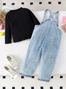2pcs Girls' Cute Ribbed Round Neck Top & Heart Print Denim Jumpsuit Set, Spring & Autumn - Blue - View 2