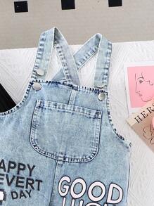 2pcs Girls' Cute Ribbed Round Neck Top & Heart Print Denim Jumpsuit Set, Spring & Autumn - Blue - View 4