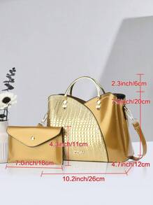 PLANEE 2 Pieces/Set Fashionable Handbag Set, Crocodile Pattern Elegant Handbag For Women, High-End Glossy Women's Bucket Bag, Shoulder Bag, Large Capacity Crossbody Bag, Coin Purse, Fashionable Women's Office Bag And Business Casual Bag, Suitable For Office, Business, Fashionable And Atmospheric Mom Women's Commuting Bag Mother's Day Gift - Gold - View 4