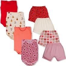 8 Piece Baby Bodysuit, Tank Top And Shorts, Plain And Printed, Summer, Boy And Girl - Màu Hồng baby - Xem 1