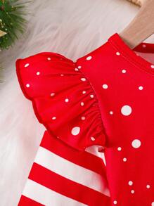 小女孩圣诞波尔卡圆点、蝴蝶结、短袖和条纹长袖连衣裙 - 紅色 - 查看 3