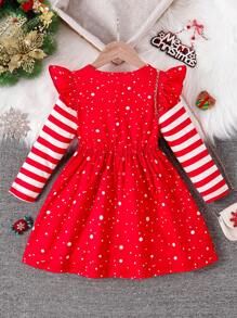小女孩圣诞波尔卡圆点、蝴蝶结、短袖和条纹长袖连衣裙 - 紅色 - 查看 2