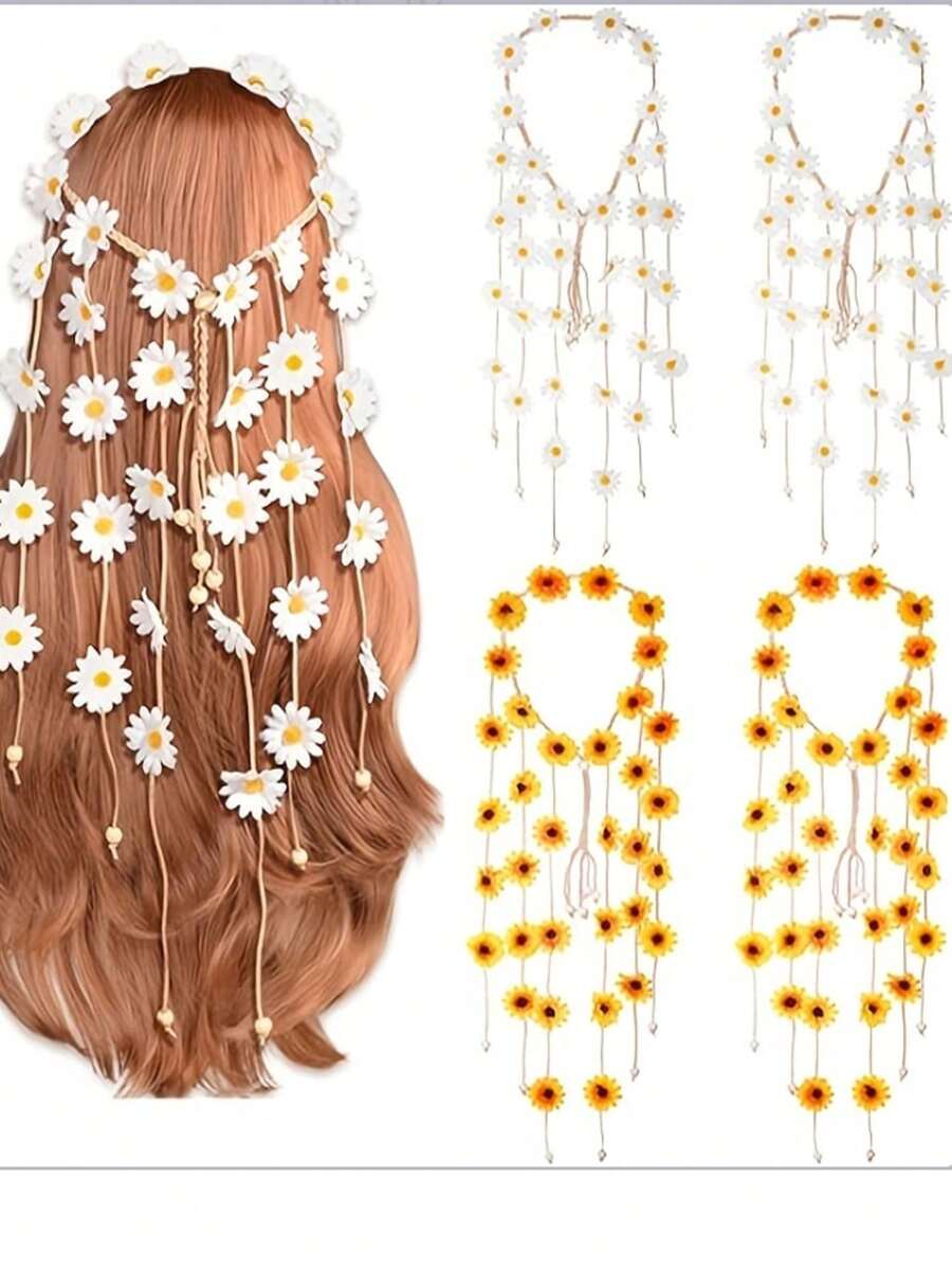 1Pc Bohemian Headband Hippie Simulation Sun Flower Daisy Hairband Floral Crown Hair Accessories For Girls, Teens Party Cosplay Costume Turban Headband Sweatband Fall Winter Hair Band For Vacation Outfits Woman Elegant Scarf Women Bandanas Soft Headwrap - White - View 1