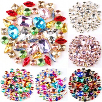 50 件/包，AB、非 AB、彩虹色、混合形状手工缝制水钻玻璃缝制装饰珠平背金色金属底座带孔宝石闪亮水晶 DIY 配件针线材料缝制石头水钻珠用于装饰衣服、连衣裙、包、鞋子、胸针、耳环、手工艺品 Diy。
