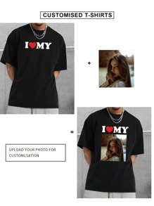 Camiseta de manga corta holgada de estilo boyfriend personalizada para hombres. Personaliza con tu propia foto para diseñar una camiseta para fiestas, equipos, combinaciones de parejas, uniformes de trabajo, familia. - Negro - Ver 2