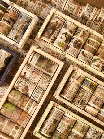 18 Rolls/Box, Vintage Decorative Washi Tape, Sticker Rolls With Different Patterns Such As European Architecture, English Phrases, Animals, Planets, Etc., For DIY Handmade Decoration Scrapbook Decoration, Learning Stationery Decoration Tape,School Supplies,Back To School